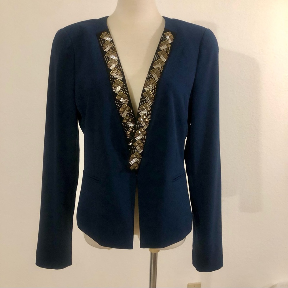 NWT BCBGMaxAzria Navy Embellished Blazer Gold & Silver Studs Size M $328